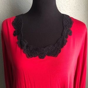 𝅺soma Red Long Sleeve Shirt with Lace Trim Swoop Neck Stretchy Material Size XL